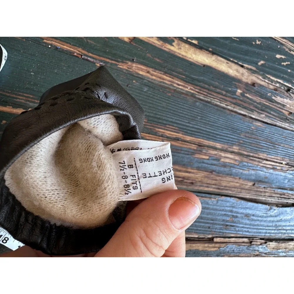 Vintage Dark Brown Leather Gloves Decorative Stitching Knit Lined Size 7.5-8.5